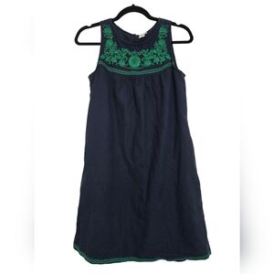 J. Crew Shift Dress Navy Blue Green Embroidery Sleevless Linen Blend Sz S
